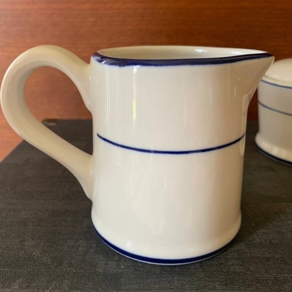 Lynns Stoneware Sugar & Creamer Set Glazed Blue Bands Simplistic Modern - Picture 5 of 11